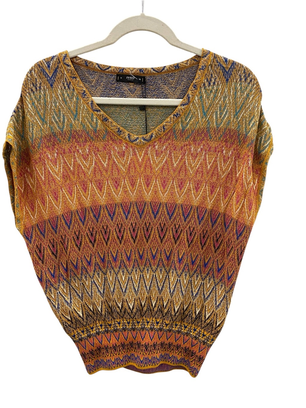 IVKO Multicolor Chevron V-Neck Sweater in Gold, Orange, Pink, Blue